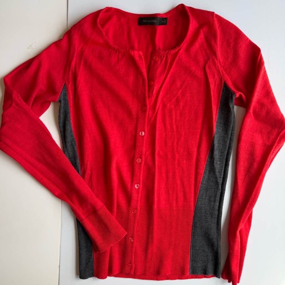 The Limited Vibrant Red Charcoal Gray Cardigan Small Color Blocked